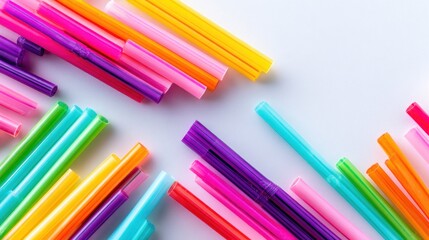 Colorful plastic drinking straws arranged diagonally on white background