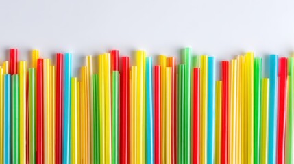Colorful plastic straws arranged in rows on white background