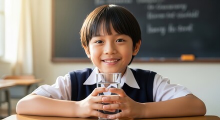 Smiling schoolboy holding glass of water in classroom