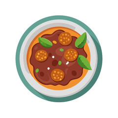 Top-down view of meatball dish with basil garnish