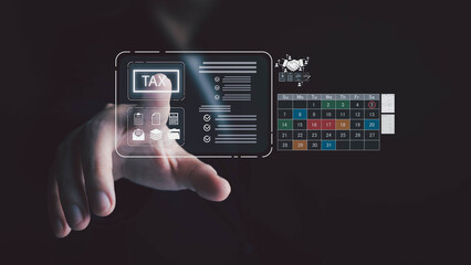 A businessman in a suit touches a futuristic digital screen to manage his tax obligations online. The interface shows a checklist,a calendar and various document icons for efficient financial planning