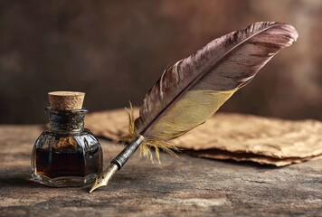 Antique setup Quill pen beside inkwell and stacked parchment on a weathered wooden surface, against a warm, blurred, dark backdrop