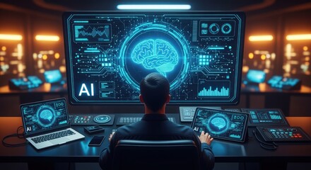 Developer working on AI brain in futuristic setting.