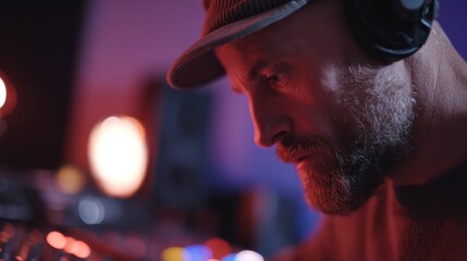 A focused middle-aged Caucasian man with a beard wears headphones while working on music production equipment in a dimly lit studio.