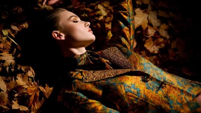 Woman relaxing autumn leaves