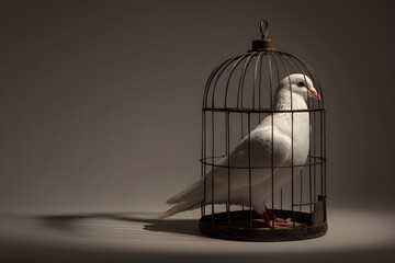 A symbolic scene of a white peace dove trapped inside a dark metal cage