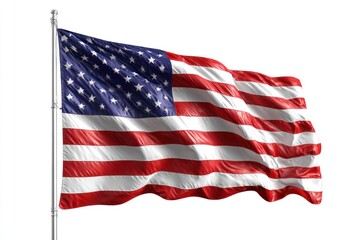 Fototapeta premium Waving flag red/white stripes, blue field with white stars on a white background, on a pole