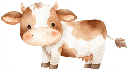 A charming watercolor cartoon cow illustration, perfect for children's designs and farm-themed projects.