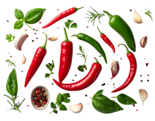 Assortment of fresh chili peppers and herbs isolated on transparent background