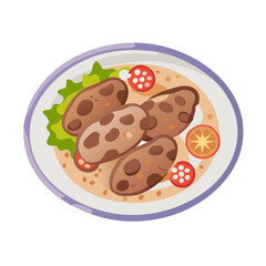 Stylized illustration of a plate with cutlets and salad