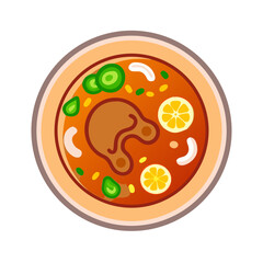 Bowl of savory soup with meat and vegetables illustration