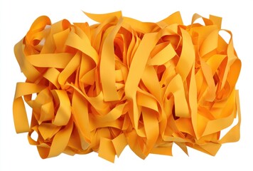 Abstract heap of cut orange paper strips, densely packed, isolated on a white background, creating a chaotic visual