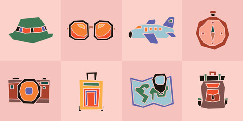 Colorful Filled Travel and Adventure Icon Set in Cutout Hand Drawn Style