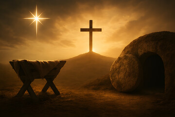 Conceptual photo combining the empty manger under a bright star, the holy cross on a hill, and the empty tomb