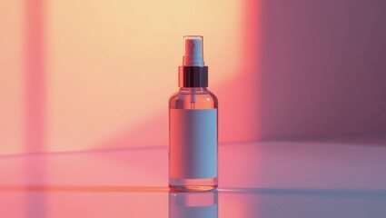 A clear spray bottle with a blank label, set against a vibrant, gradient backdrop of pink and orange hues, creating a striking visual composition.