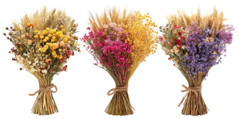 Three colorful dried flower bouquets