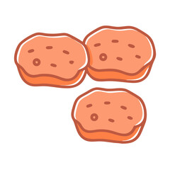 Cartoon style peach colored food patties on black background
