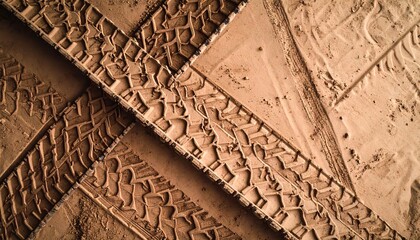 Abstract Aerial View of Vehicle Tire Tracks in Sandy Terrain Intersection