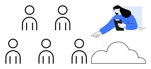 Manager holding clipboard, guiding team symbolized by stick figures toward a cloud. Ideal for teamwork, leadership, collaboration, remote work, management, cloud technology, simple landing page