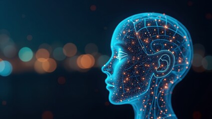 A profile view of a digital human head, illuminated with glowing network points, against a backdrop of blurred city lights.