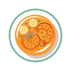 Stylized Shrimp Soup Bowl with Lemon and Green Peas