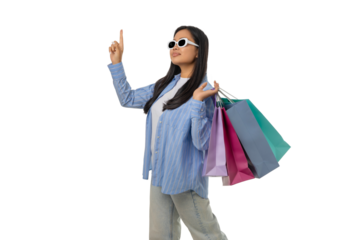 Woman enjoys colorful bag shopping, isolated on white, PNG