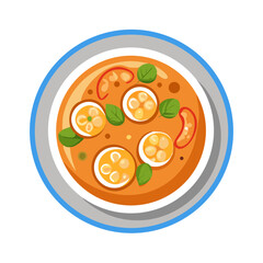 Stylized vegetable soup illustration with zucchini and basil garnish