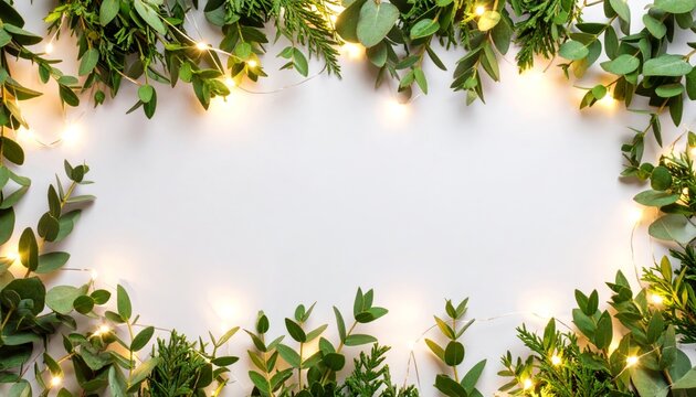 Elegant greenery and fairy lights frame on white, perfect for festive designs