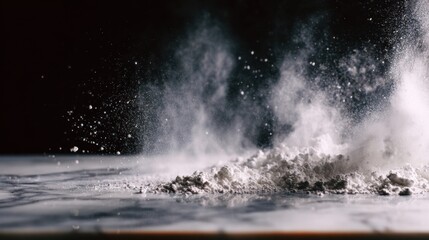 Capture of White Flour Flying Through Air Against Dark Background in a Dynamic Kitchen Scene