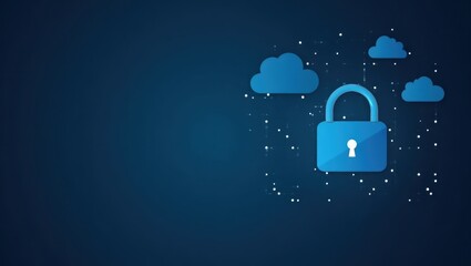 A stylized blue padlock rests amongst stylized clouds, suggesting secure cloud data storage.
