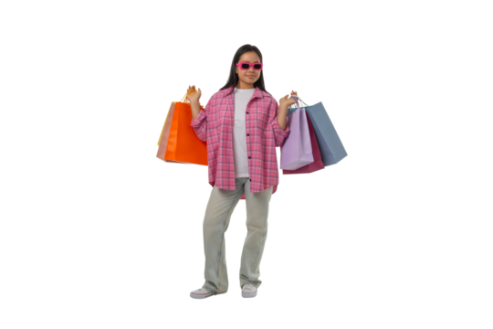 Woman with colorful shopping bags, isolated on white, PNG