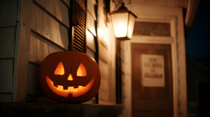 Fototapeta premium A jackolantern sits on a porch next to a vintage lantern, casting a warm glow on the door, creating a spooky and inviting halloween scene