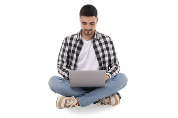 Person working comfortably seated on the floor, isolated, PNG