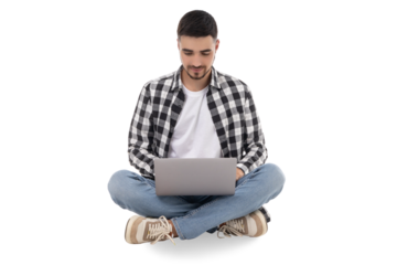 Person working comfortably seated on the floor, isolated, PNG