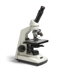 Laboratory microscope with eyepiece, lenses, stage, and base isolated on white background in a simple composition