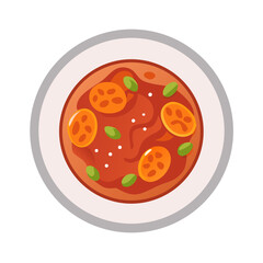 Tomato soup illustration in white bowl on black background