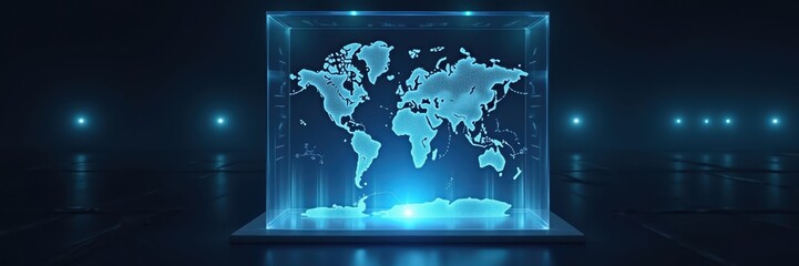 A translucent box displays a digital world map, glowing with cool blue light against a dark backdrop.