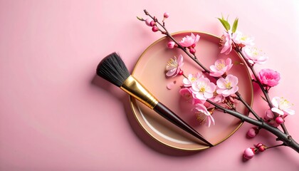 Delicate Cherry Blossoms and Brush on Pink Background for Elegant Aesthetic