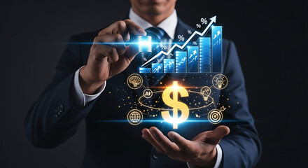 Business professional interacting with futuristic digital financial data charts and dollar sign hologram interface