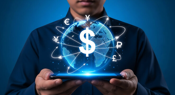 Businessman holding glowing digital globe with dollar sign and currency symbols in a technological network