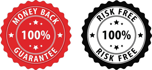 Two assurance seals, one red for money back guarantee and one black for risk free purchase.
