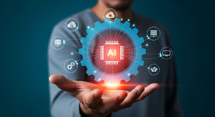 Businessman holding glowing digital gear with futuristic business icons symbolizing innovation technology and global network