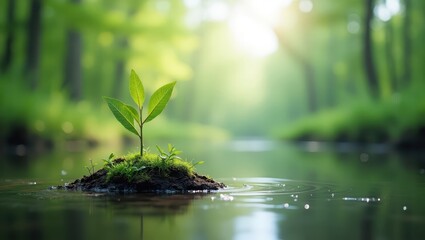 A small, vibrant seedling rests on a tiny islet in a tranquil forest stream, bathed in soft morning light.