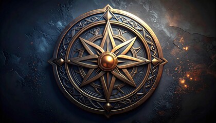 Intricate Golden Compass Rose Emblem on Textured Dark Background Digital Artwork