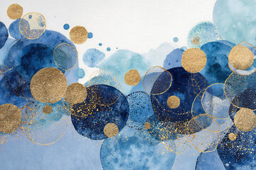 抽象的な水彩画、青と金色の円、エレガントな背景