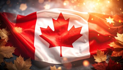 Patriotic vista: Canadian flag with amber-toned autumnal leaves and shimmering lights