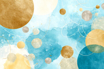 抽象的な水彩画、青と金色の円、エレガントな背景