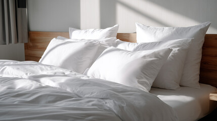 A bed with white sheets and pillows
