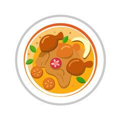 Top-down view of Thai chicken dish in cartoon style