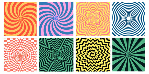 Collection of eight vibrant and colorful abstract optical illusion patterns with swirling and radial designs